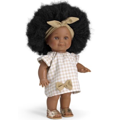 Magic baby κούκλα "Betty με μαύρα μαλλιά άφρο και καρό φόρεμα"
